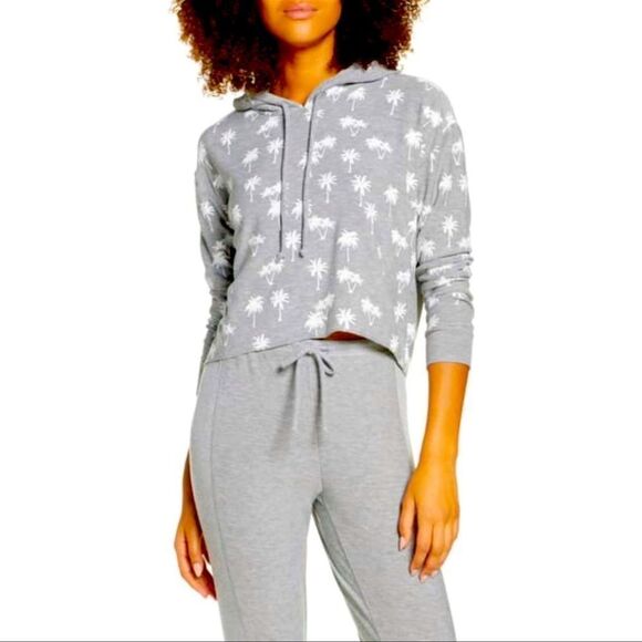 Chaser Tops - New Chaser Heather Gray White Palm Tree Cropped Hoodie Size Large